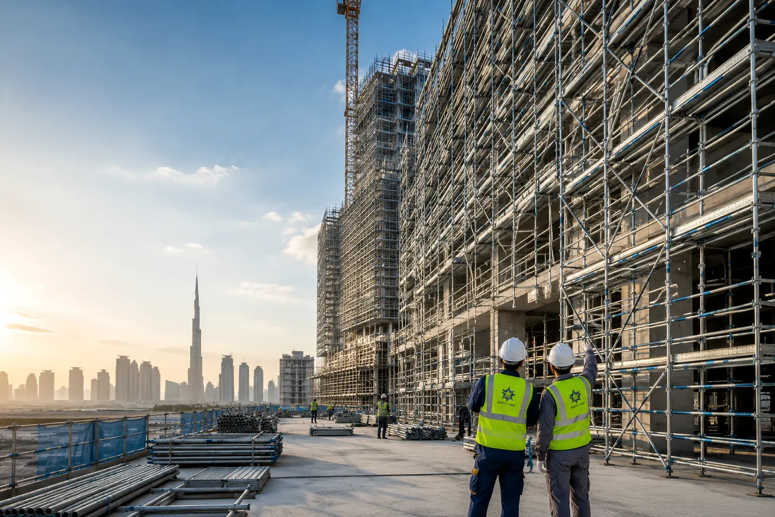 Scaffolding covering a high-rise facade on a construction site, with the Dubai skyline behind