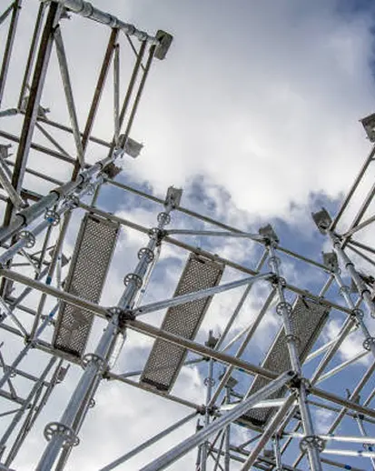 Scaffold tower with access platforms seen from below