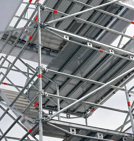 Galvanised steel scaffold stair tower with guardrails